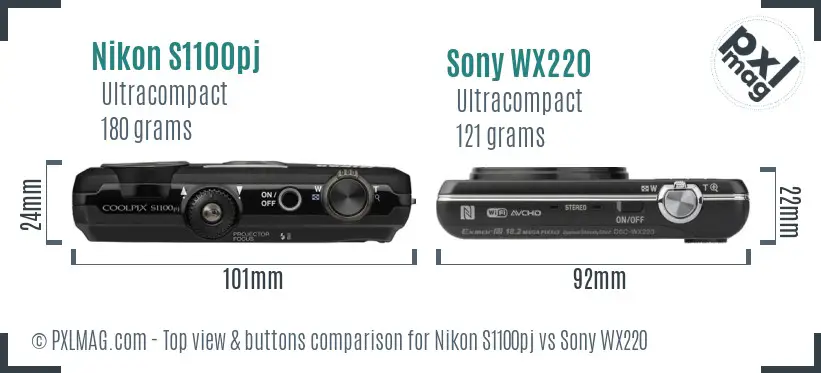 Nikon S1100pj vs Sony WX220 top view buttons comparison
