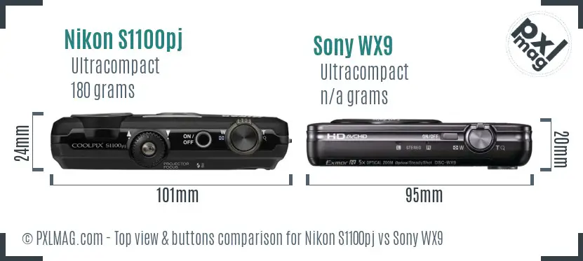 Nikon S1100pj vs Sony WX9 top view buttons comparison