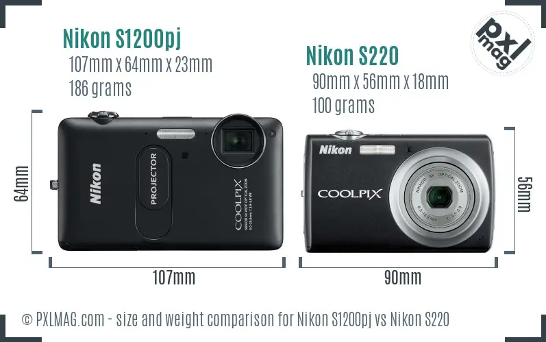 Nikon S1200pj vs Nikon S220 size comparison
