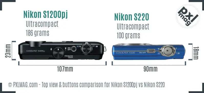 Nikon S1200pj vs Nikon S220 top view buttons comparison