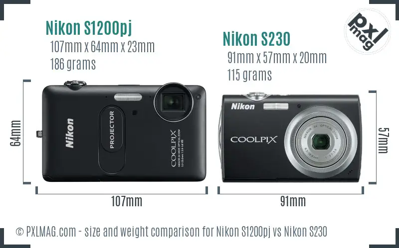 Nikon S1200pj vs Nikon S230 size comparison