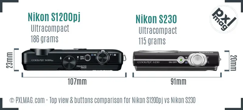 Nikon S1200pj vs Nikon S230 top view buttons comparison