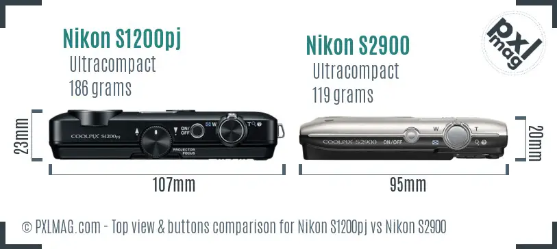 Nikon S1200pj vs Nikon S2900 top view buttons comparison