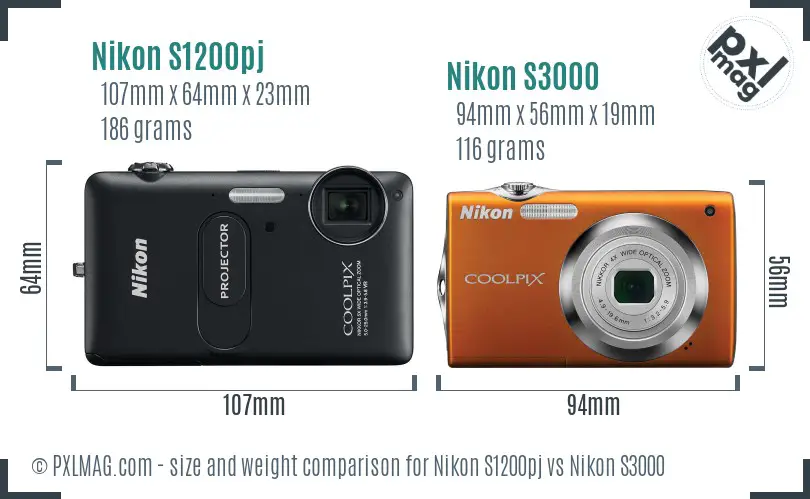Nikon S1200pj vs Nikon S3000 size comparison