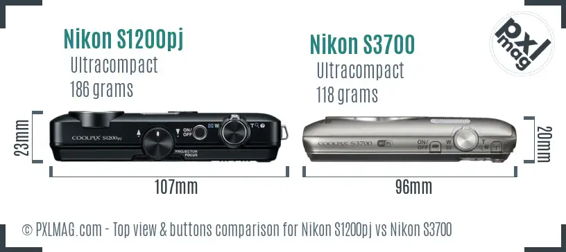 Nikon S1200pj vs Nikon S3700 top view buttons comparison