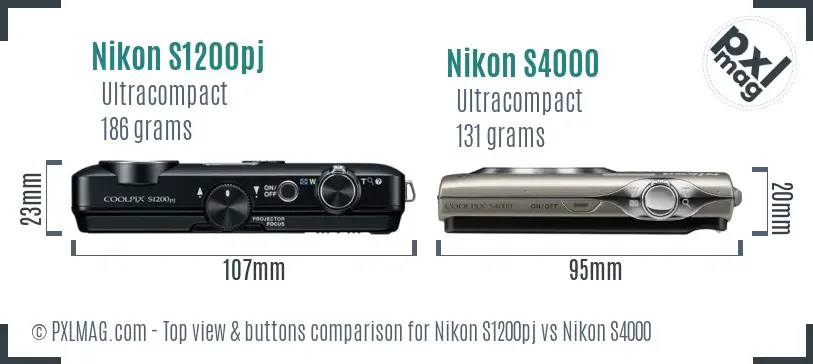 Nikon S1200pj vs Nikon S4000 top view buttons comparison