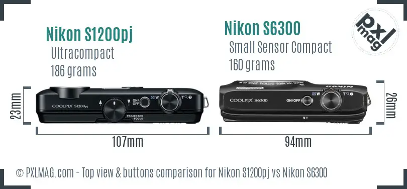 Nikon S1200pj vs Nikon S6300 top view buttons comparison