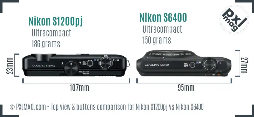 Nikon S1200pj vs Nikon S6400 top view buttons comparison