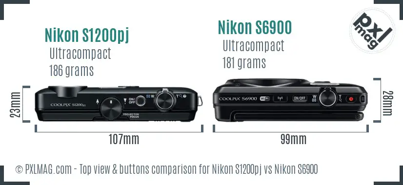 Nikon S1200pj vs Nikon S6900 top view buttons comparison