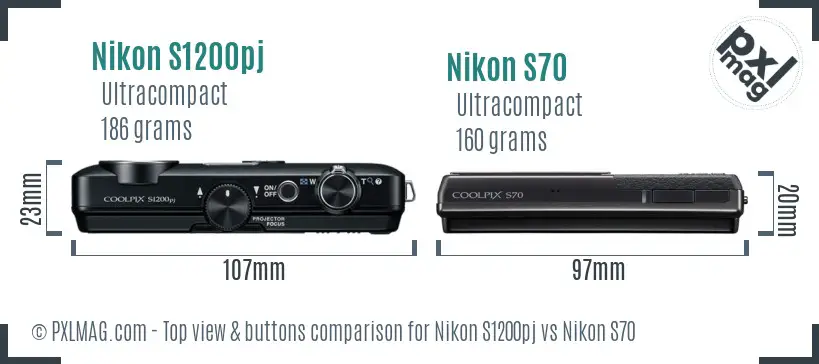 Nikon S1200pj vs Nikon S70 top view buttons comparison