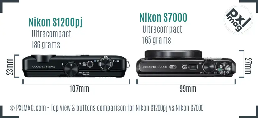 Nikon S1200pj vs Nikon S7000 top view buttons comparison