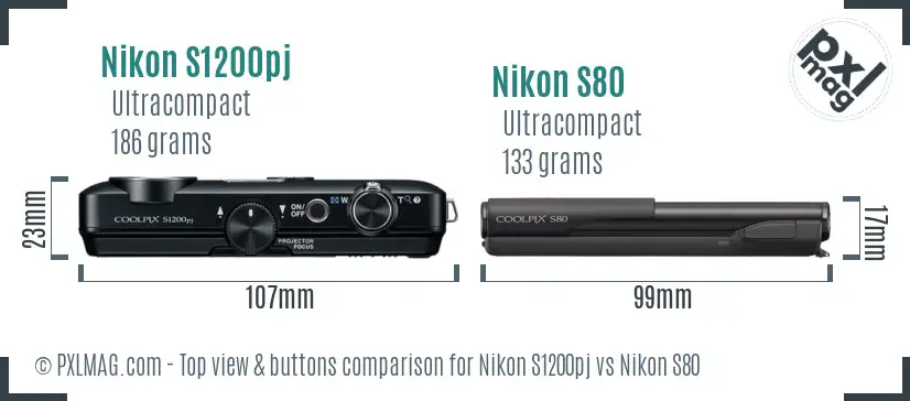 Nikon S1200pj vs Nikon S80 top view buttons comparison