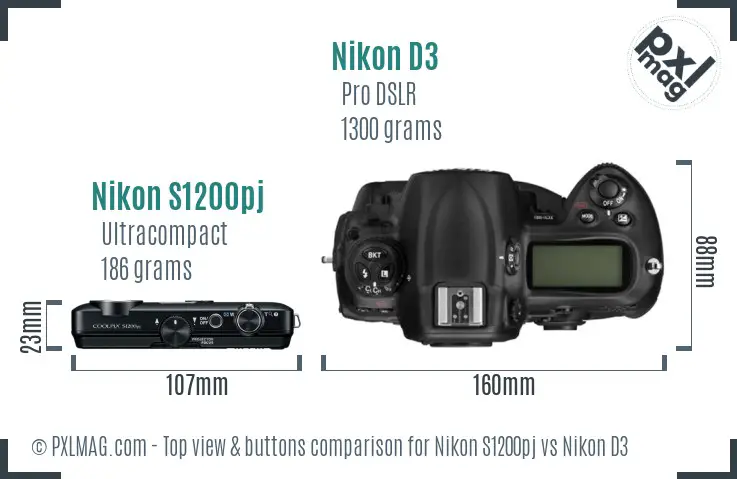 Nikon S1200pj vs Nikon D3 top view buttons comparison