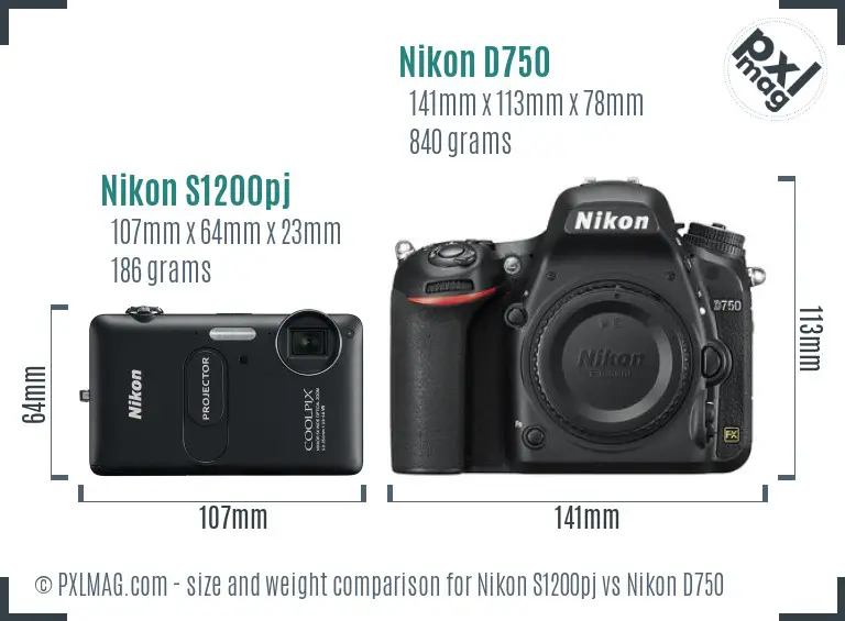 Nikon S1200pj vs Nikon D750 size comparison