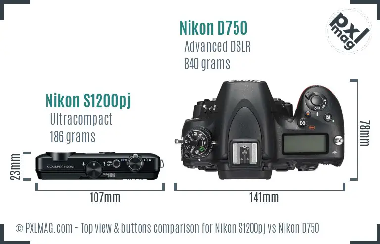 Nikon S1200pj vs Nikon D750 top view buttons comparison