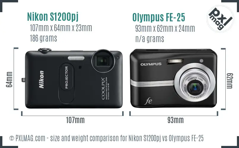 Nikon S1200pj vs Olympus FE-25 size comparison