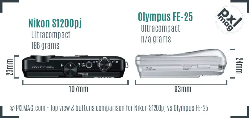 Nikon S1200pj vs Olympus FE-25 top view buttons comparison