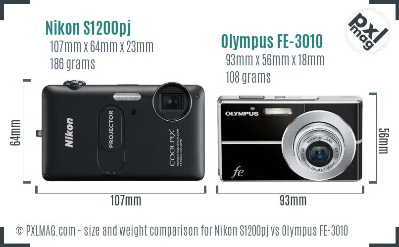 Nikon S1200pj vs Olympus FE-3010 size comparison
