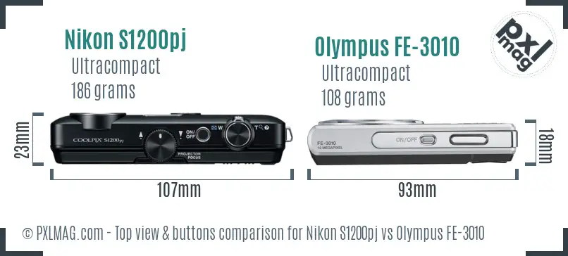 Nikon S1200pj vs Olympus FE-3010 top view buttons comparison