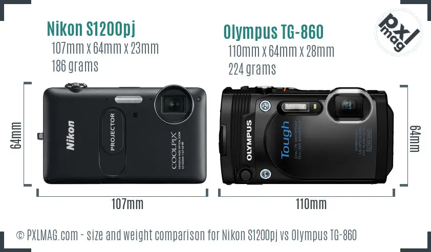 Nikon S1200pj vs Olympus TG-860 size comparison