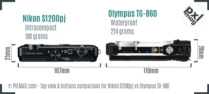 Nikon S1200pj vs Olympus TG-860 top view buttons comparison