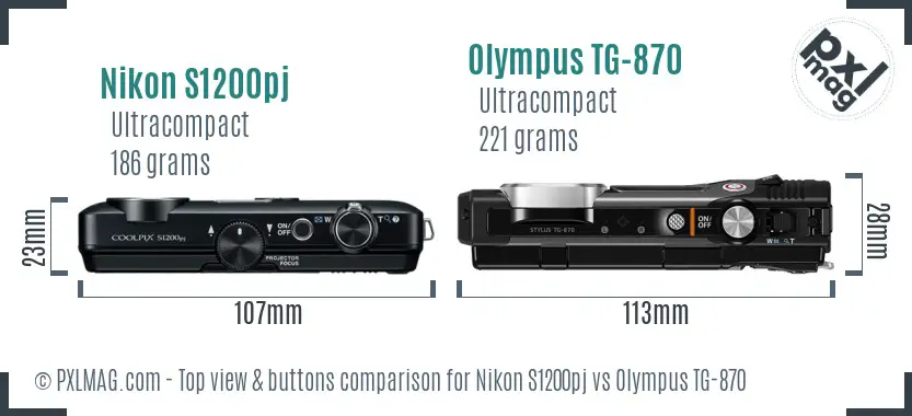 Nikon S1200pj vs Olympus TG-870 top view buttons comparison
