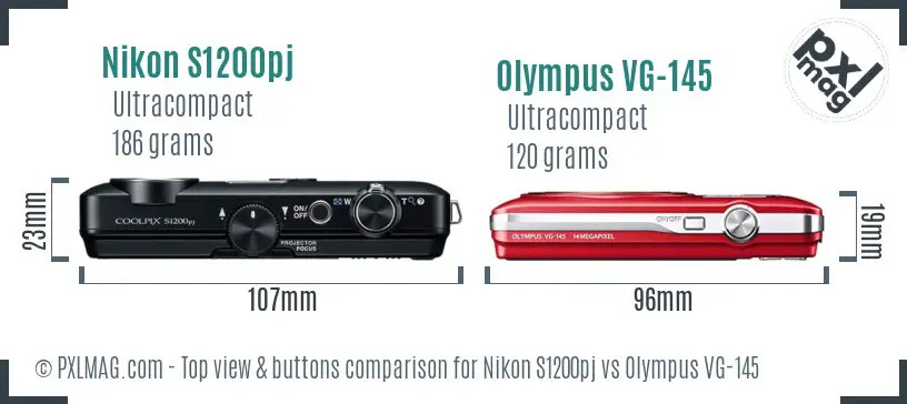 Nikon S1200pj vs Olympus VG-145 top view buttons comparison