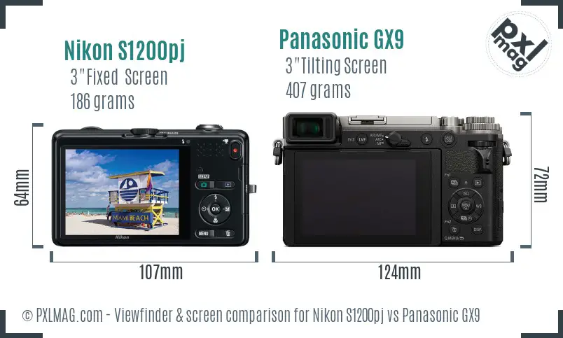 Nikon S1200pj vs Panasonic GX9 Screen and Viewfinder comparison