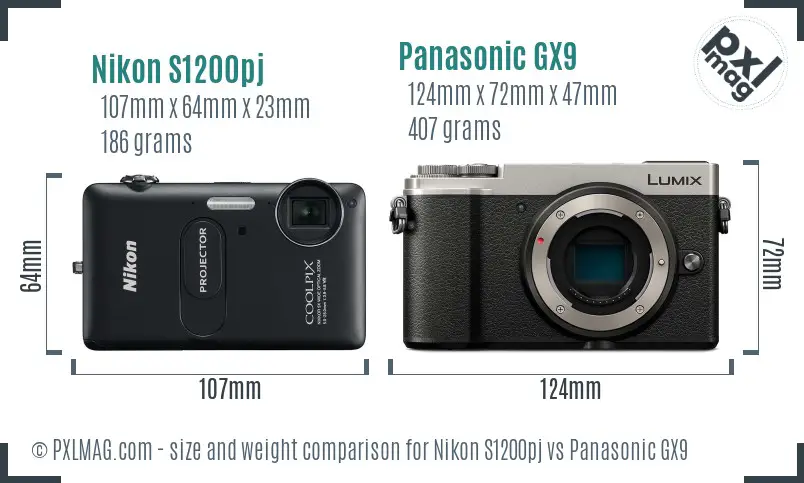 Nikon S1200pj vs Panasonic GX9 size comparison