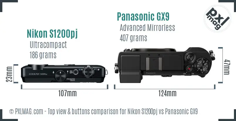 Nikon S1200pj vs Panasonic GX9 top view buttons comparison