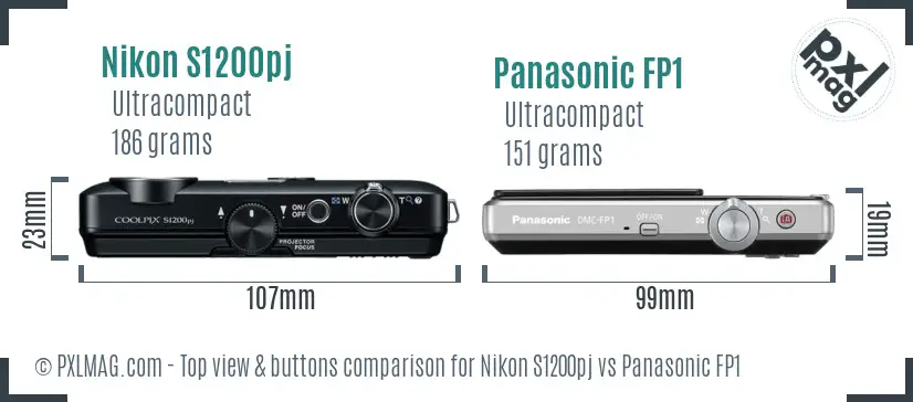 Nikon S1200pj vs Panasonic FP1 top view buttons comparison Nikon S1200pj vs Panasonic FP1 top view buttons comparison