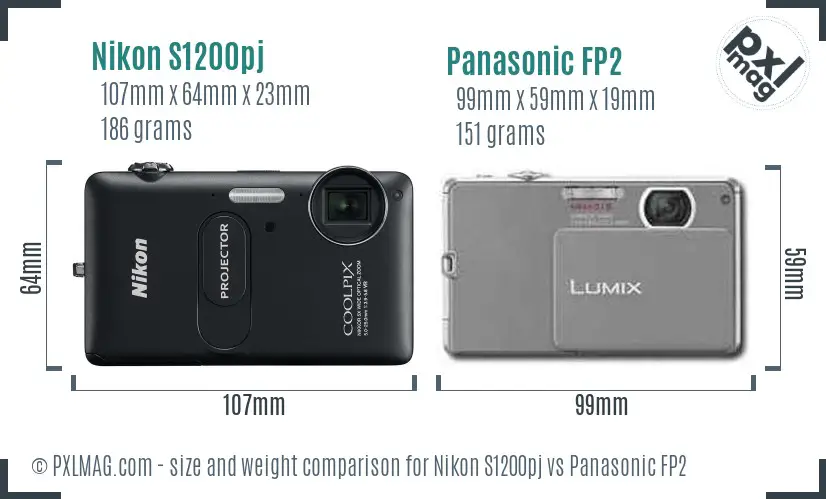 Nikon S1200pj vs Panasonic FP2 size comparison