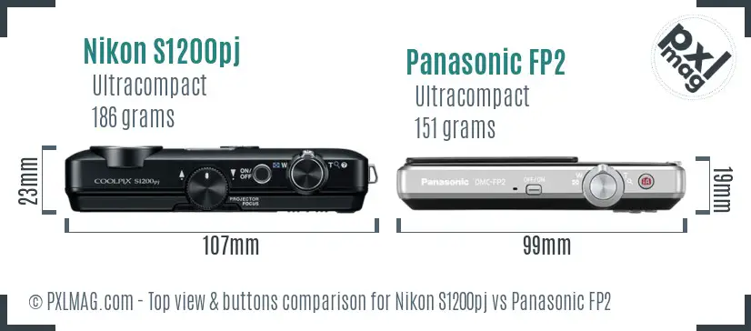 Nikon S1200pj vs Panasonic FP2 top view buttons comparison