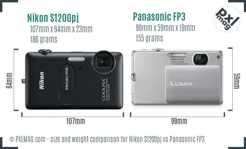 Nikon S1200pj vs Panasonic FP3 size comparison