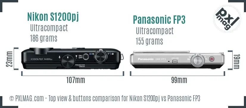 Nikon S1200pj vs Panasonic FP3 top view buttons comparison