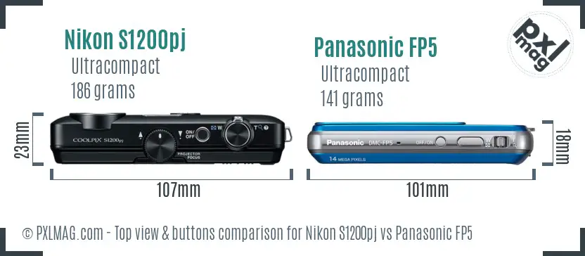 Nikon S1200pj vs Panasonic FP5 top view buttons comparison