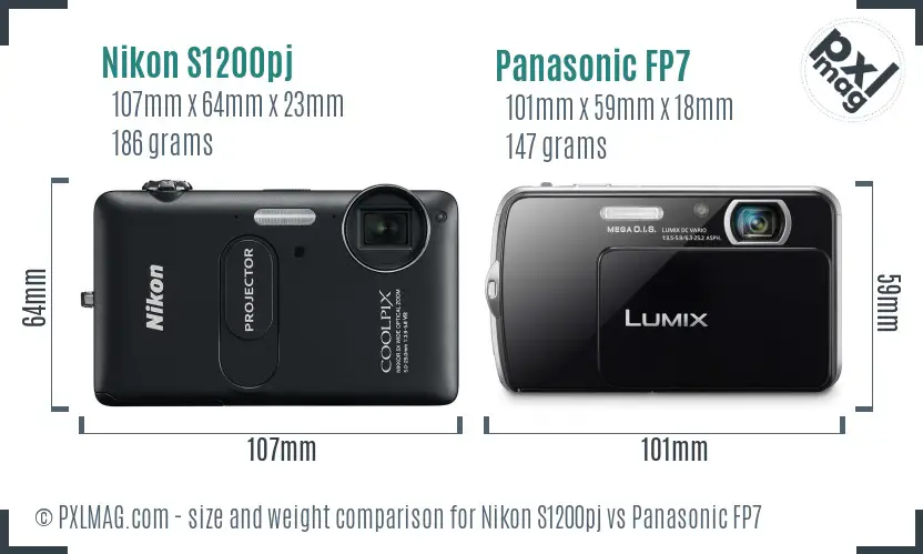 Nikon S1200pj vs Panasonic FP7 size comparison