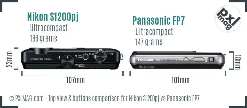 Nikon S1200pj vs Panasonic FP7 top view buttons comparison