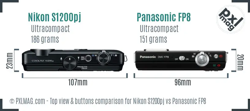 Nikon S1200pj vs Panasonic FP8 top view buttons comparison