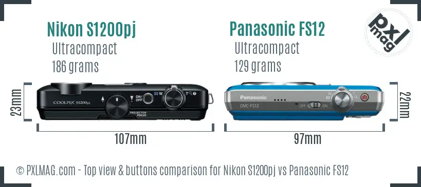 Nikon S1200pj vs Panasonic FS12 top view buttons comparison Nikon S1200pj vs Panasonic FS12 top view buttons comparison