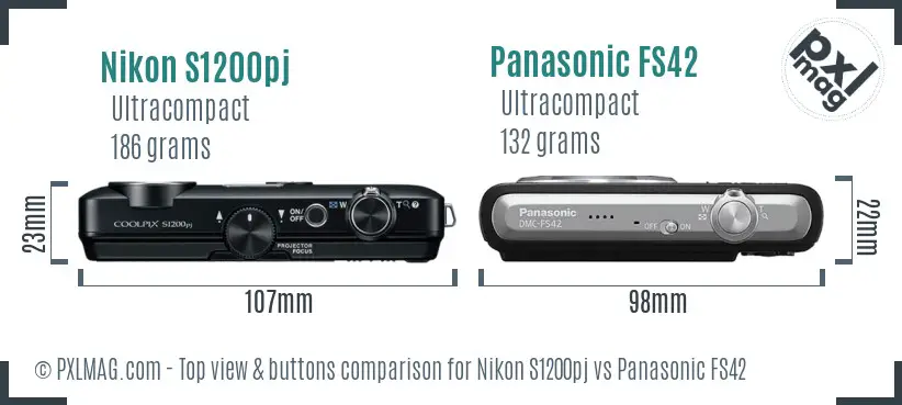 Nikon S1200pj vs Panasonic FS42 top view buttons comparison