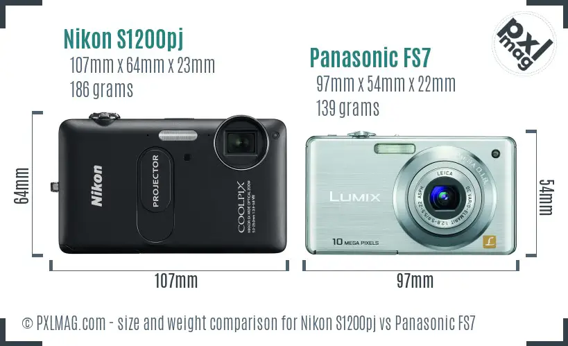 Nikon S1200pj vs Panasonic FS7 size comparison