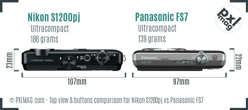 Nikon S1200pj vs Panasonic FS7 top view buttons comparison