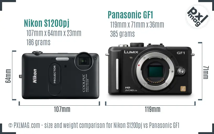 Nikon S1200pj vs Panasonic GF1 size comparison