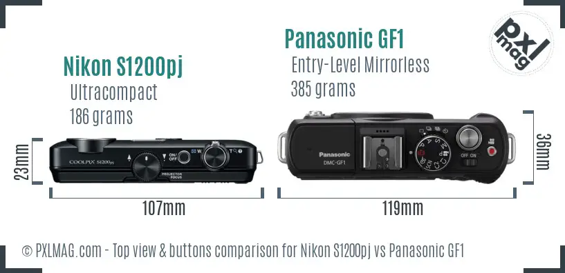 Nikon S1200pj vs Panasonic GF1 top view buttons comparison