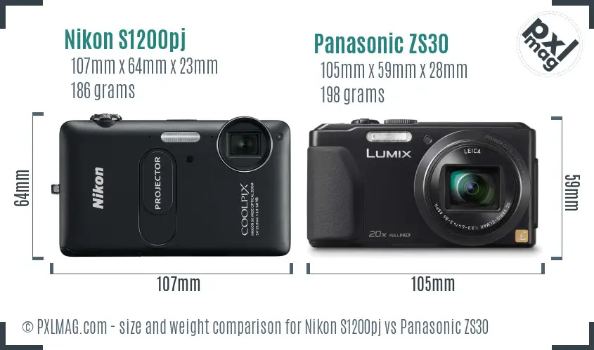 Nikon S1200pj vs Panasonic ZS30 size comparison