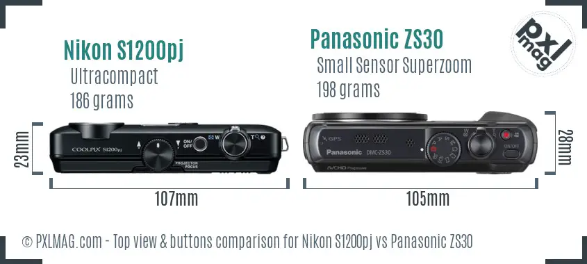 Nikon S1200pj vs Panasonic ZS30 top view buttons comparison