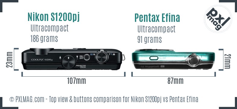 Nikon S1200pj vs Pentax Efina top view buttons comparison