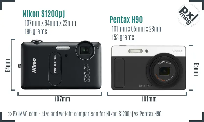 Nikon S1200pj vs Pentax H90 size comparison