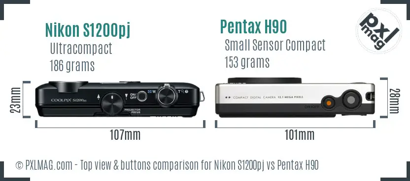 Nikon S1200pj vs Pentax H90 top view buttons comparison